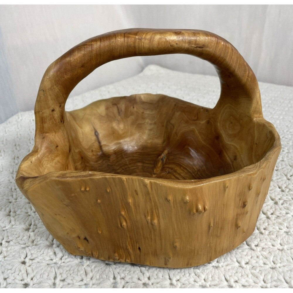 Hand Carved VTG BURL WOOD Basket Handled Tree Root Boho Folk Art Primitive Bowl